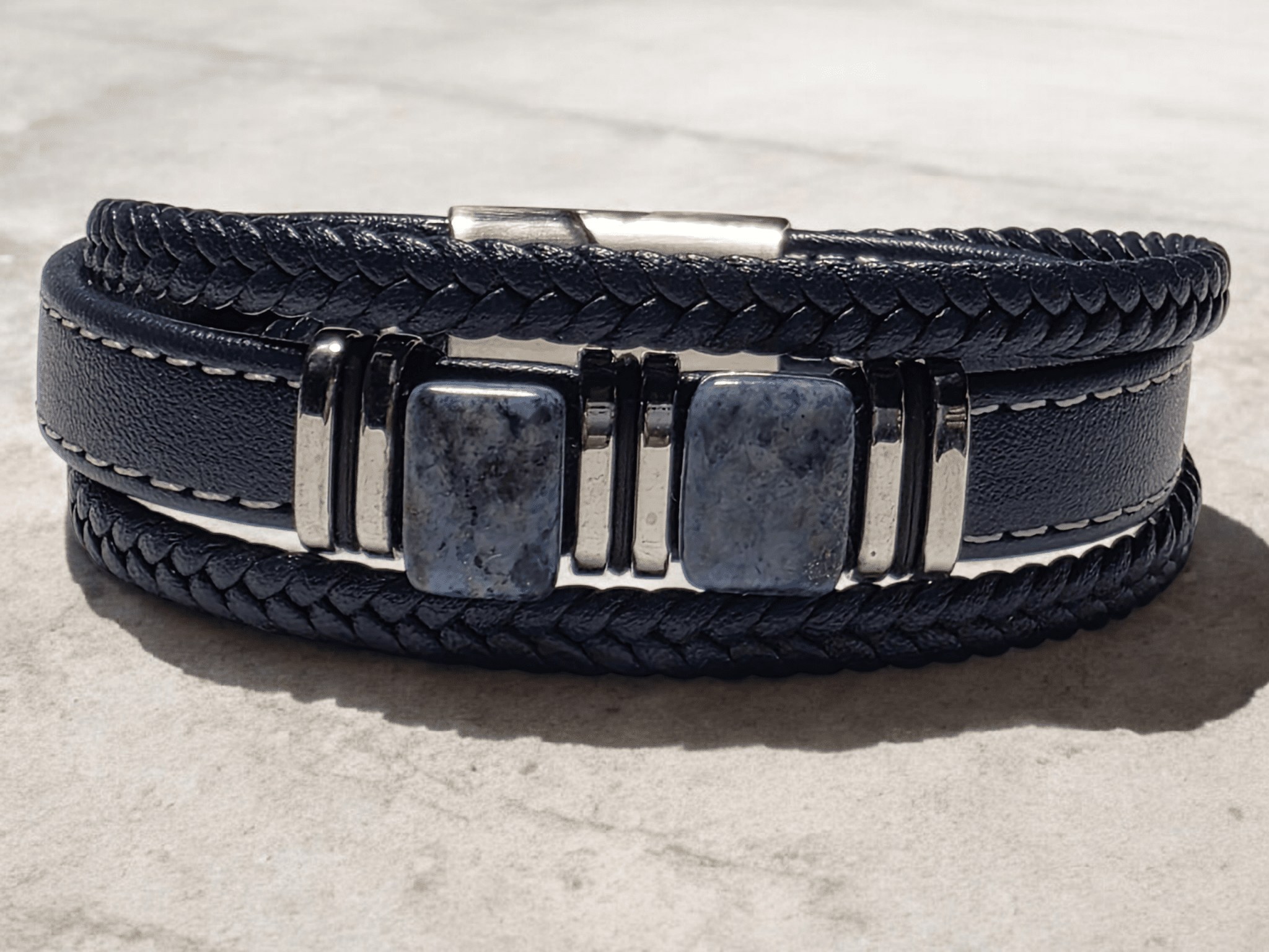Bracelet cuir bleu pierre naturelle lapis - Claudine Biker Shop